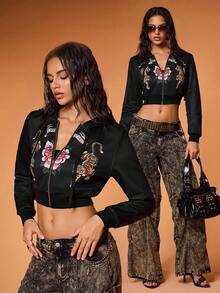 Y2Kool Wild Love Áo nỉ trùm đầu in chữ họa tiết hổ và hoa gợi cảm dành cho nữ, tiệc tùng, hộp đêm, trở lại trường, thu đông, phong cách đường phố Y2K thường ngày - màu đen - Xem 1