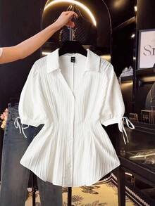 Franclia 优雅短袖衬衫，纹理纯色衬衫，收腰泡泡袖上衣，适合女性 - 白色 - 查看 1