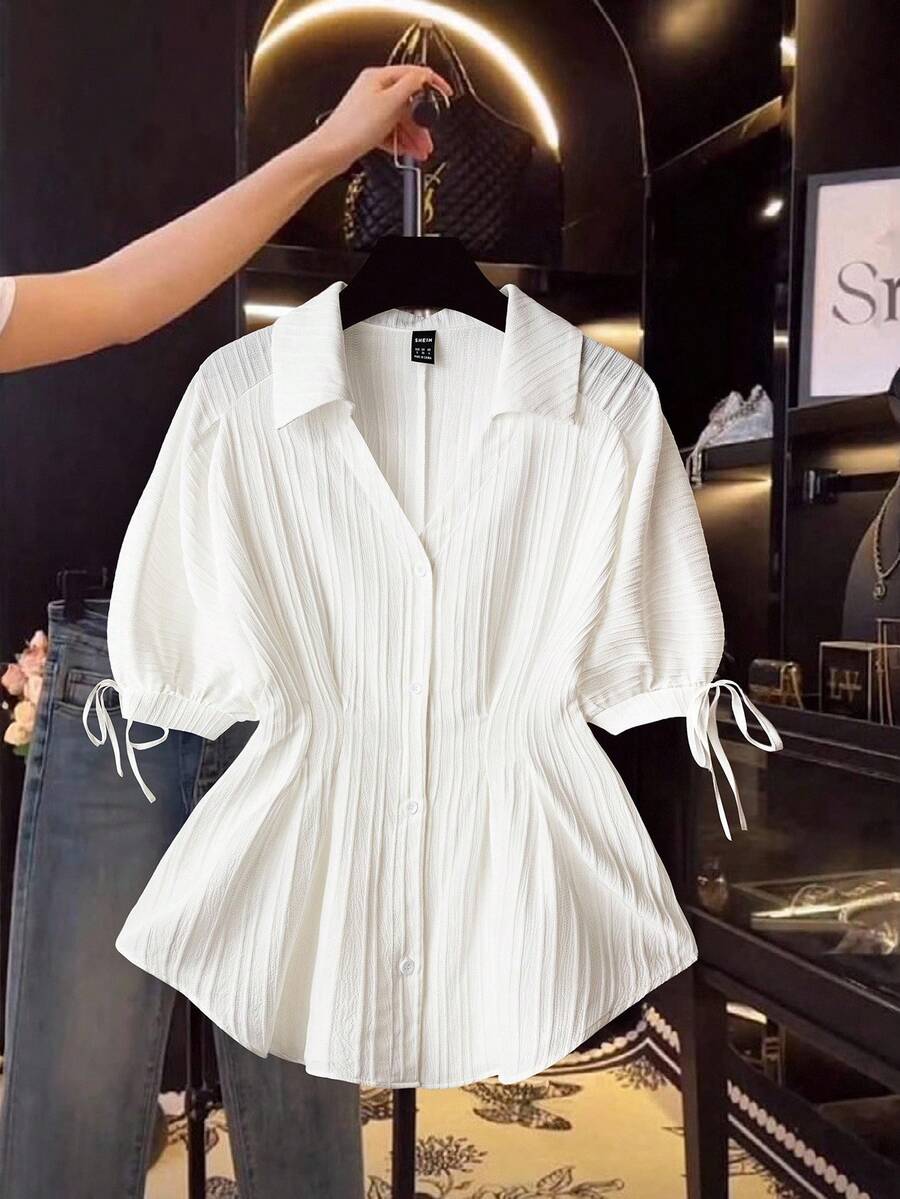 Franclia 优雅短袖衬衫，纹理纯色衬衫，收腰泡泡袖上衣，适合女性 - 白色 - 查看 1