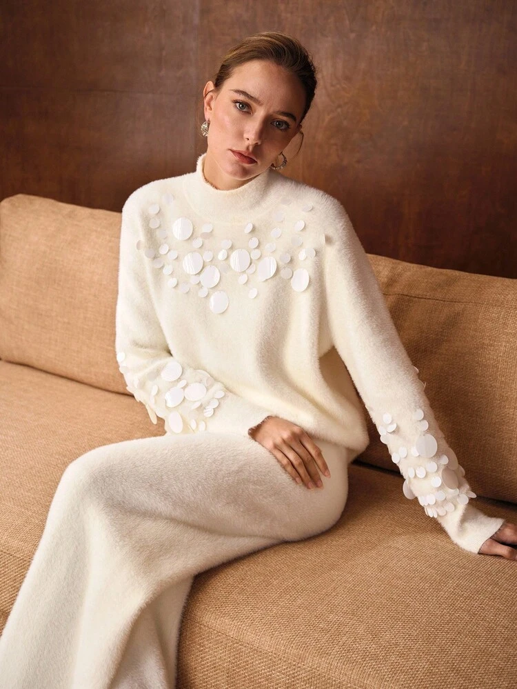 2PCS SWEATER SET: SEQUIN EMBELLISHED CUFF MOCK NECK SWEATER AND WIDE LEG KNIT PANTS, ELEGANT FOR AUTUMN/WINTER PARTY, CHRISTMAS, NEW YEAR OUTFIT