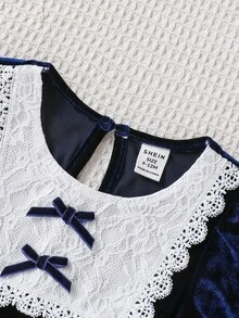 Souflis Souflis 女婴花朵荷叶边蝴蝶结装饰泡泡袖天鹅绒连衣裙，带头巾，可爱优雅，适合日常、度假、休闲穿着 - 藏蓝色 - 查看 9