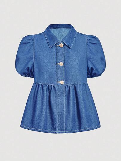 SHEIN MOD 女式休闲修身短袖牛仔衬衫，蓝色