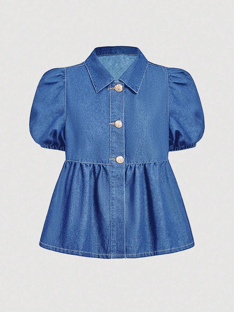 SHEIN MOD 女式休闲修身短袖牛仔衬衫，蓝色 - 中等水洗藍 - 查看 1