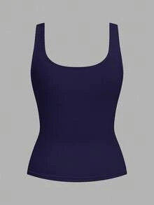 Slaydiva Black & Navy Blue Women's Casual Crew Neck Ruched Bodycon Tank Top Set, Versatile For Daily Wear - Multicolor - View 4