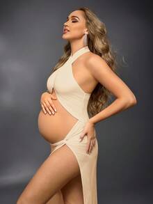 Cheriluna Maternity 孕妇纯色镂空侧开衩性感露背摄影连衣裙