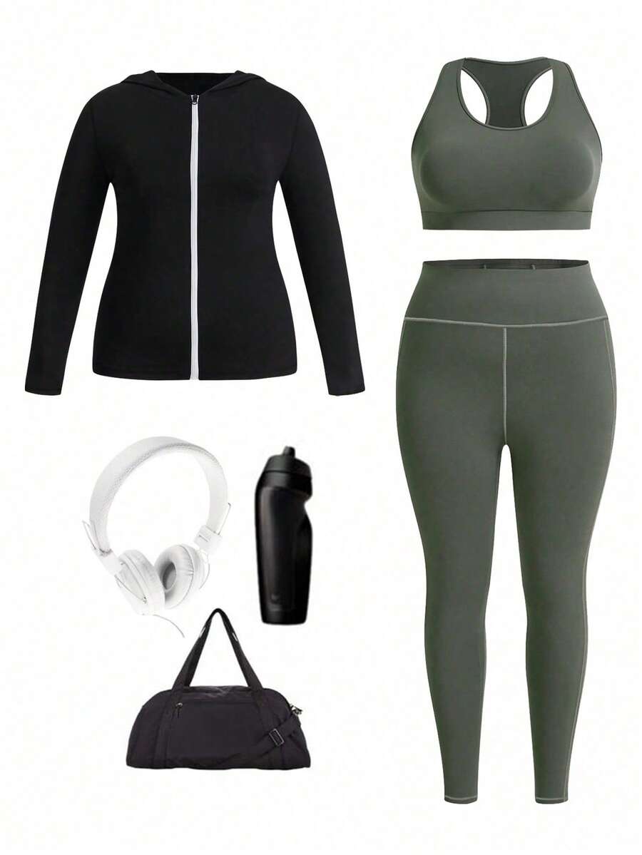 Easithlete Plus Size 1pc Hooded Sports Jacket & 1pc Sports Bra & Bra & 1pc Sports Leggings Workout Women Set - Multicolor - View 1
