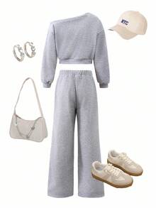 Conjunto de sudadera y pantalón de chándal con estampado de letras y cuello asimétrico para niña preadolescente - Gris - View 2