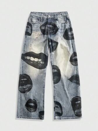 Street Life Jeans décontractés à jambe droite avec boucle de ceinture personnalisée et imprimé lèvres pour hommes