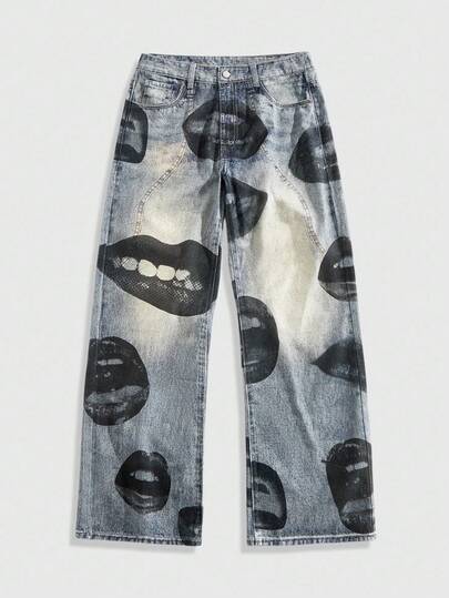 Street Life Jeans casuales de pierna recta con hebilla personalizada con estampado de labios para hombres