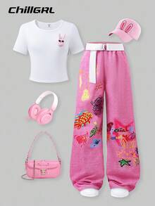 SHEIN Explorewe 2pcs/Set Tween GirlsSolid Bunny Pattern Top And Graffiti Print Pants Outfit - White - View 1
