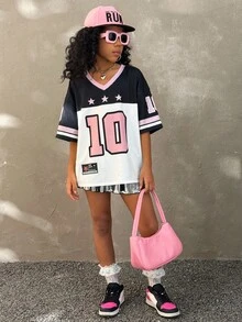 Coolane Tween Girls Fall/Winter Festival Streetwear Vintage Breathable Mesh Number Pattern Graphics Baseball Jersey - Multicolor - View 2