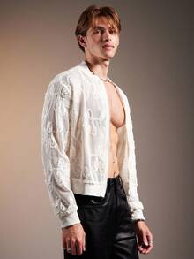 FeverCity 男士花卉印花拉链休闲棒球夹克，秋冬 - 米色 - 查看 3