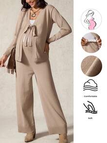 Boho Mama Maternity Solid Color Long Sleeve Knotted Front Cardigan And Knit Pants Casual Suit - Brown - View 7