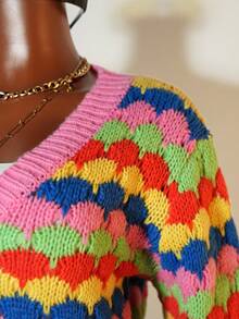 BamGleam Women's Lantern Sleeve V-Neck Striped Loose Knit Cardigan Sweater Fall Winter Cloth For Women - Multicolor - View 4