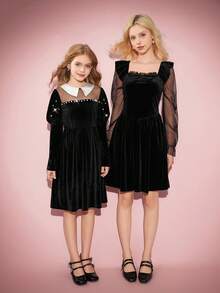 优雅复古黑色天鹅绒连衣裙，适合少女穿着，柔软的天鹅绒面料，光泽闪亮，撞色领口设计，羊腿袖，半透明前片，串珠装饰，A 字廓形，适合圣诞节、万圣节、生日派对，独特精致的黑色天鹅绒连衣裙，秋冬 - 黑色 - 查看 5