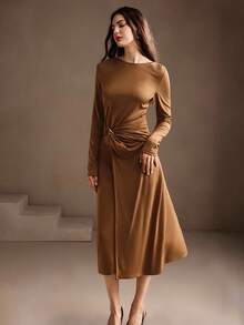 Anewsta Solid Color Round Neck Long Sleeve Button Splice Fitted Elegant Women Dress, Suitable For Autumn, Fall, Winter, Going Out, Elegant, Formal, Party, Chic, New Year, Women's Winter Dress, Christmas, Work, Graduation, Wedding - Brown - View 7