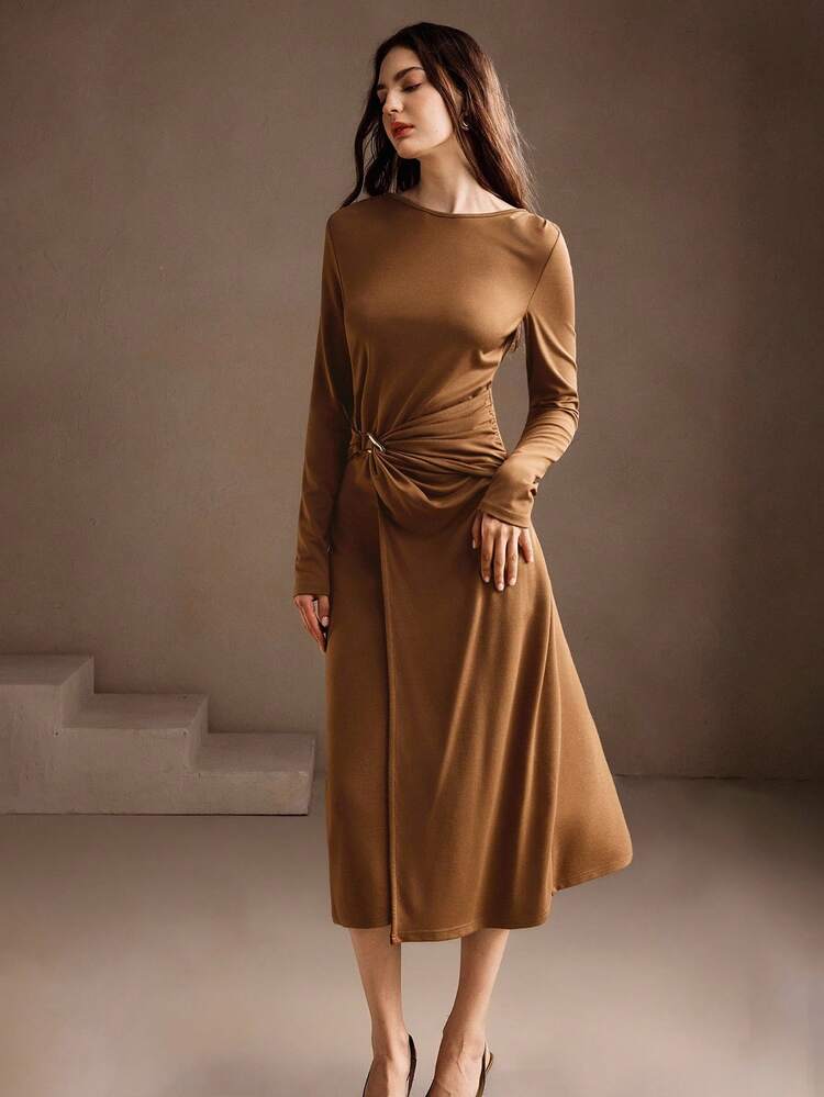 Solid Color Round Neck Long Sleeve Button Splice Fitted Elegant Women Dress, Suitable For Autumn, Fall, Winter, Going Out, Elegant, Formal, Party, Chic, New Year, Women's Winter Dress, Christmas, Work, Graduation, Wedding
