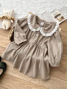 SHEIN 1 件女童日式田园风格灯芯绒蕾丝彼得潘领长袖连衣裙，甜美简约，秋冬 - 巧克力棕 - 查看 7