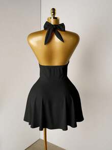 Mistrie Women's Solid Color Front Knot Deep V Sexy Halter Dress - Black - View 2