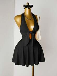 Mistrie Women's Solid Color Front Knot Deep V Sexy Halter Dress - Black - View 6