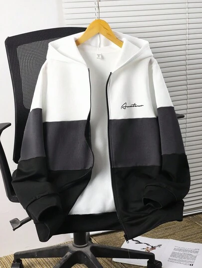 SHEIN Teen Boys' Casual Loose Comfortable Versatile Colorblock Patchwork Sweatshirt Jacket, Suitable For Outings,In Fall/Winter, Boys Zipper, Teen Sweatshirts,Winter Set,Winter Clothing,Fall Outfits,Fall Clothing,All Clothes For Kids,Black Tops ,Fall Tops ,Winter Outwear