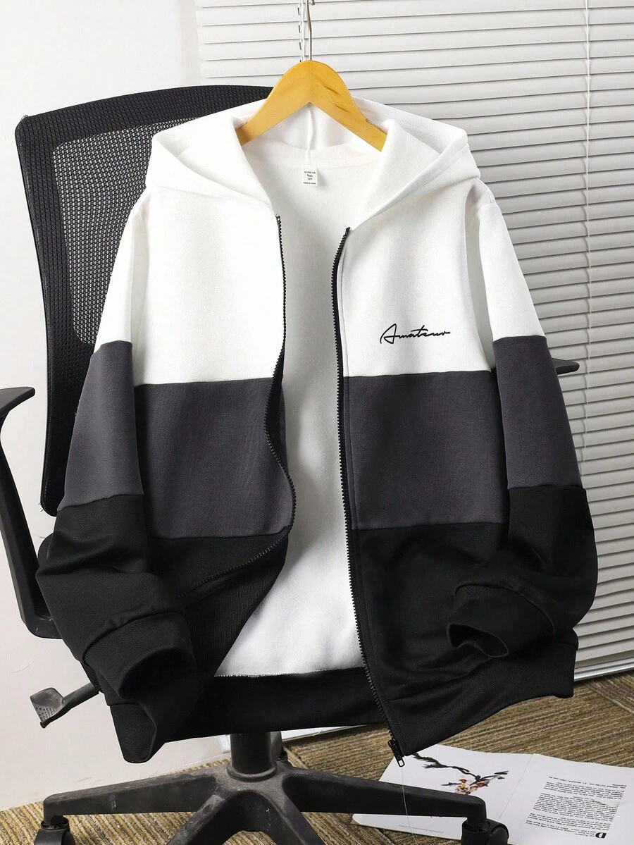 SHEIN Teen Boy Casual Loose Colorblock Patchwork Zipper Sweatshirt Jacket,White,Winter,Streetwear,Graduation,Comfortable Versatile Outings Fall Outwear Tops - Grey - View 1