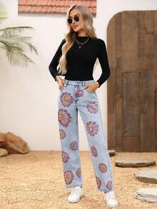 EMERY ROSE Printed Loose Straight Leg Jeans - Light Wash - View 6
