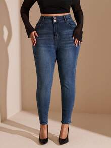 SHEIN BAE 女性加大碼高腰修身牛仔褲 - 藍色 - 查看 3