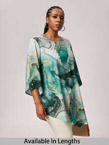 SHEIN Tall CURVE 大码休闲简约全印花衬衫，适合秋季 - 綠色 - 查看 1