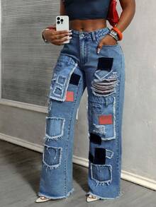 BamGleam 女士时尚街头拼布磨边口袋做旧宽松阔腿牛仔裤 - 中等水洗藍 - 查看 6