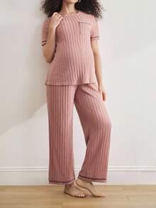 BloomMama Maternity Short Sleeve Pants Casual Pajamas - Dusty Pink - View 4
