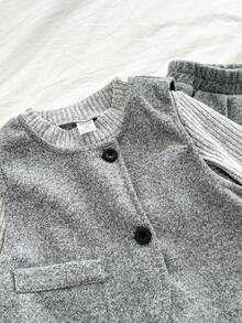 SHEIN 3pcs Young Girl Autumn/Winter Outfit Set: Asymmetrical Top + Ribbed Turtleneck Sweater + Wide Leg Pants - Grey - View 3