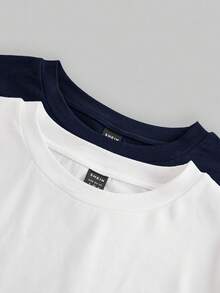 SHEIN EZwear 2 件套女士海军蓝和白色圆领休闲修身长袖 T 恤套装，适合秋冬季 - 彩色 - 查看 7