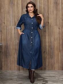 EMERY ROSE Plus Size Women Elegant Belted Denim Dress