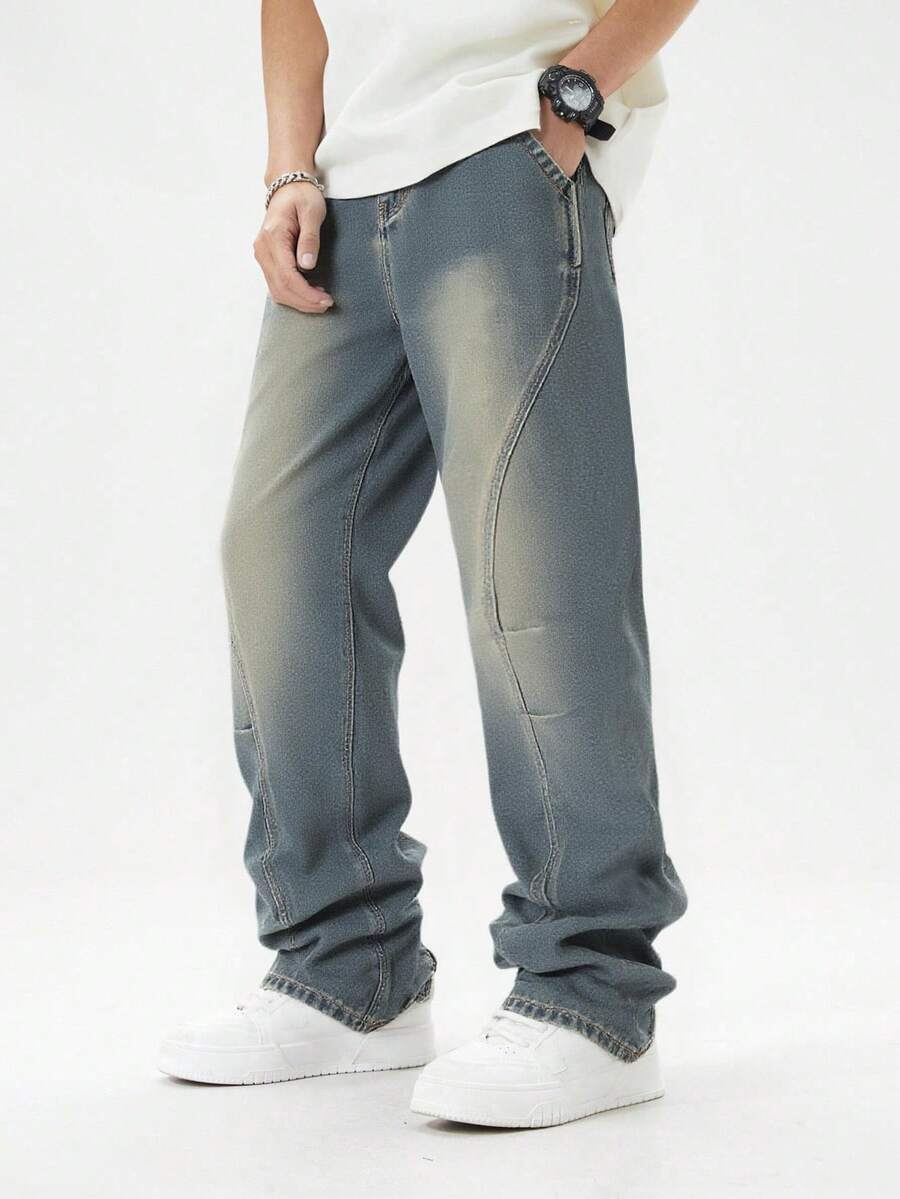 Tween Boys Jeans, Casual Streetwear Fashion, Comfortable Urban Hipster Design, Pleated, Vintage Medium Wash, Elastic Waist, Relaxed Fit Denim Pants Chic Outfits For Autumn/Winter