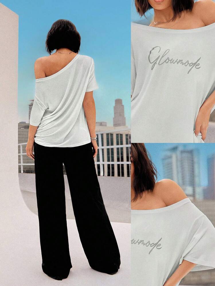 TENCEL™ Modal Shimmy And Shake Lightweight Silky Smooth Loose Reflective Logo Off-Shoulder Short Sleeve Tee Dancing Daily Casual Wear