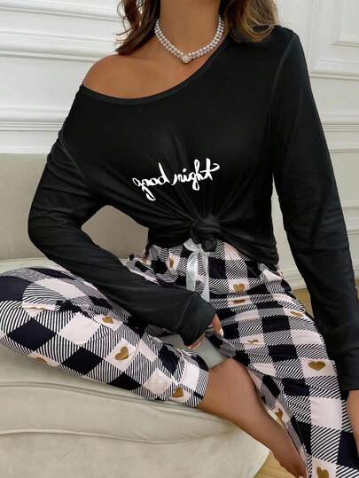 Slogan Heart Print PJ Set Pajama Set, Fall Clothes view 4