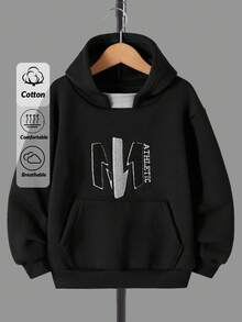 RueChic Tween Boy Letter Embroidery Kangaroo Pocket Hoodie - Black - View 1