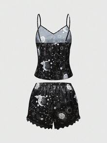 ROMWE Goth Women's Gothic Sun, Moon & Star Print Satin Camisole & Shorts Lace Trim Pajama Set