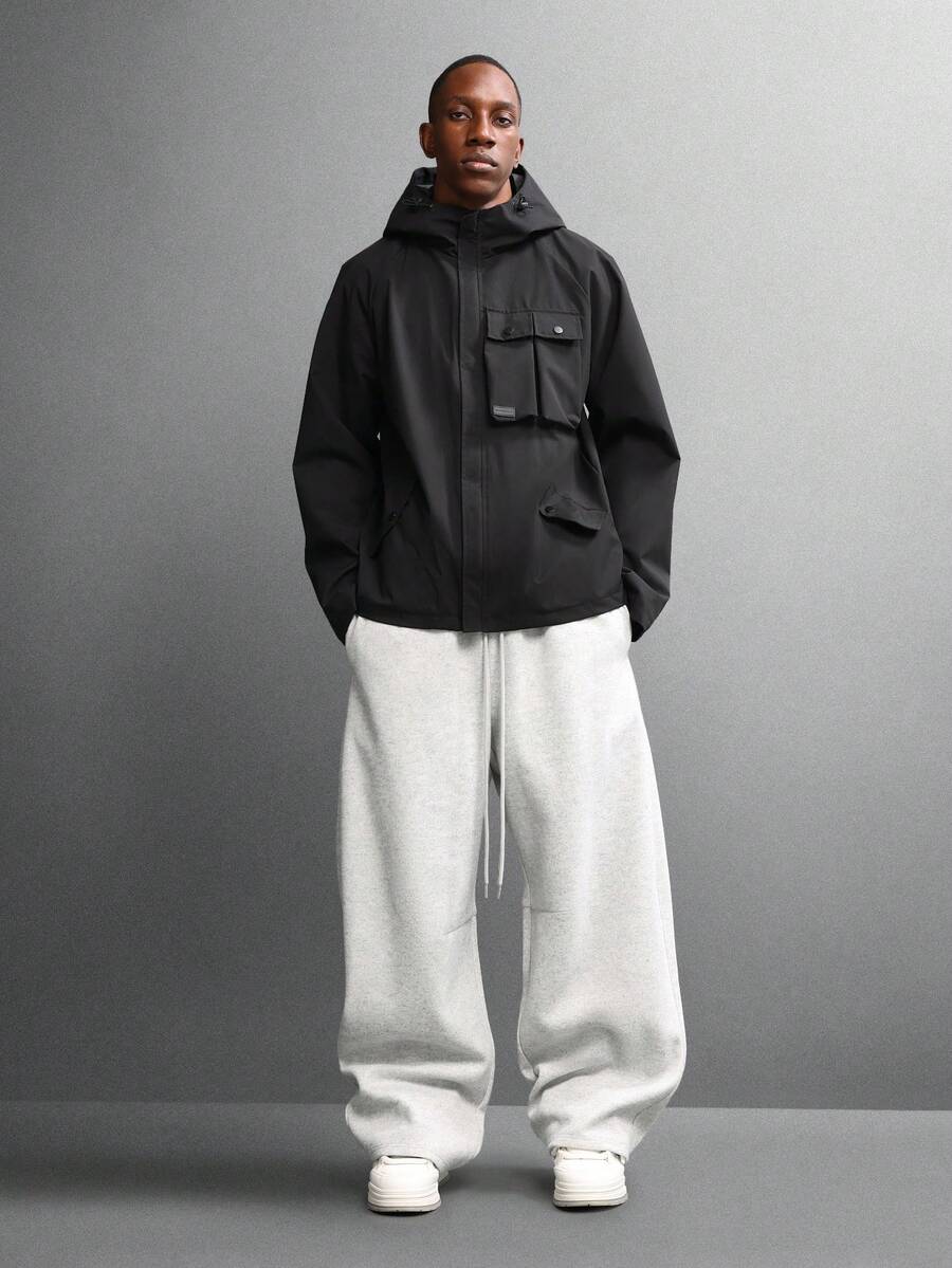 SUMWON 多功能连帽夹克，带多个口袋，全长拉链，都市外套，冬季秋季休闲风格，宽松版型，过渡天气夹克 - 黑色 - 查看 1