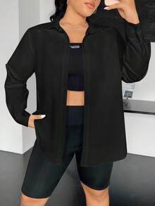 SHEIN EZwear 秋季大码休闲纯色前扣长袖衬衫 - 黑色 - 查看 3
