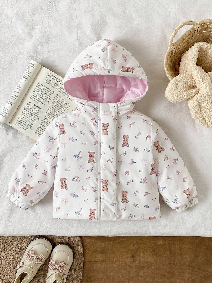 Baby Girls' Oversized Bear Print Hooded Zip-Up Jacket Fall Winter - Pink - View 1
