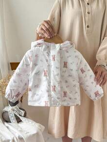 Baby Girls' Oversized Bear Print Hooded Zip-Up Jacket Fall Winter - Pink - View 3
