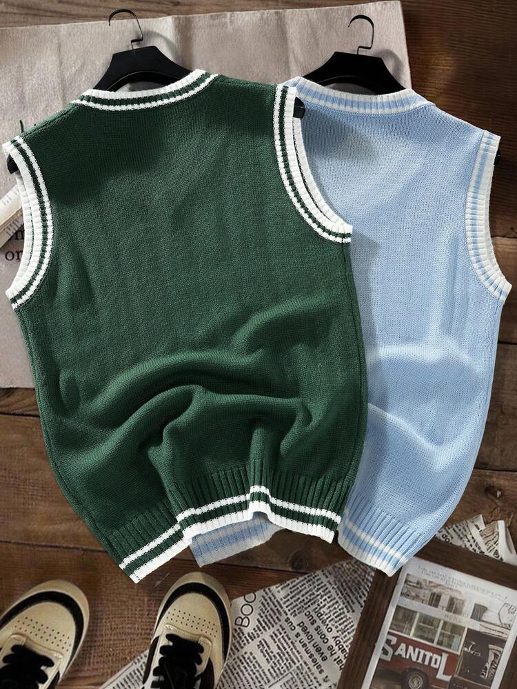 Manfinity Hypemode Men's Casual Daily Collegiate Striped Trim Cable Knit V-Neck Sweater Vest, Old Money, Fall Winter Clothes - Multicolor - View 2