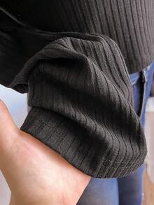 Sweetra Young 优雅翻领露肩喇叭袖黑色短款 T 恤，适合青少年女孩，适合春秋季节 - 黑色 - 查看 5