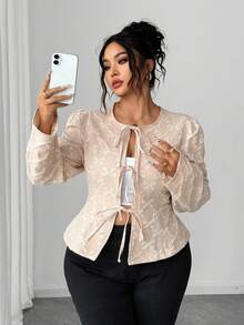 Elenzga Chaqueta versátil de cuello redondo con diseño de lazo texturizado, manga larga, cintura con lazo y pliegues delanteros, ideal para el otoño temprano, talla grande