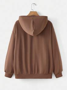 SHEIN EZwear 大码女式天使图案拉链卫衣，休闲日常穿着，秋冬女装 - 棕色 - 查看 2