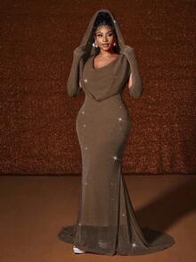 Maweii Plus Size Sexy Cinched Waist Gold Foil Fish Tail Hem Dress - Brown - View 4