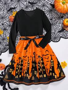 女士时尚万圣节秋冬荷叶边领长袖短款上衣搭配松紧腰万圣节主题骷髅、城堡、星星和月亮印花宽松下摆裙子，2 件套 - 黑色 - 查看 3