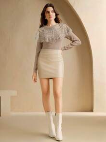 Anewsta Elegant Women's Beaded Collar Floral Embellished Sweater - Khaki - View 5
